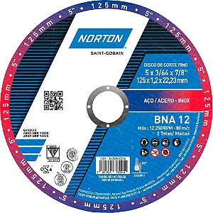 Disco de corte 125mm x 1,2mm x 22,23mm caixa com 25 unidades BNA12 NORTON