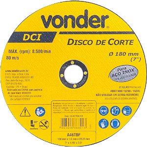 Disco de corte 180mm x 1,6mm x 22,23mm DCI INOX VONDER
