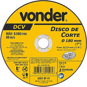 Disco de corte 180mm x 1,6mm x 22,23mm DCV VONDER
