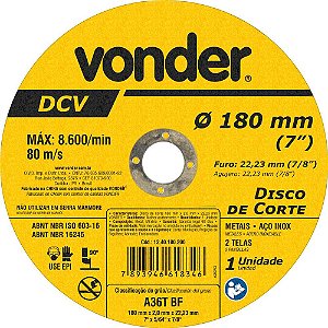 Disco de corte 180mm x 2,0mm x 22,23mm DVC VONDER