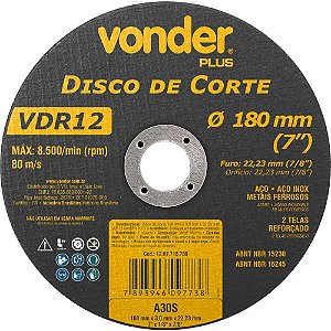 Disco de corte 180mm x 3,0mm x 22,23mm VDR12 VONDER PLUS