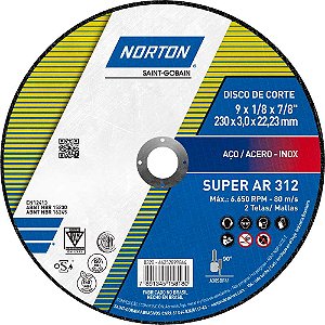 Disco de corte 230mm x 3,0mm x 22,23mm AR 312 NORTON