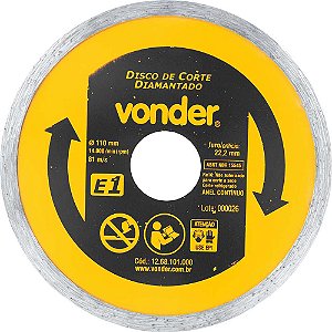 Disco de corte diamantado 110mm furo de 22,2mm anel contínuo E1 VONDER