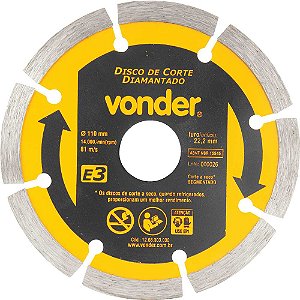 Disco de corte diamantado 110mm furo de 22,2mm segmentado E3 VONDER