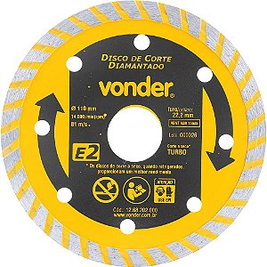 Disco de corte diamantado 110mm furo de 22,2mm turbo E2 VONDER