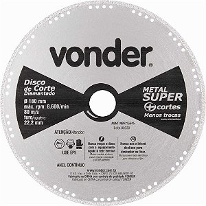 Disco de corte diamantado contínuo para metais metal super 180mm VONDER