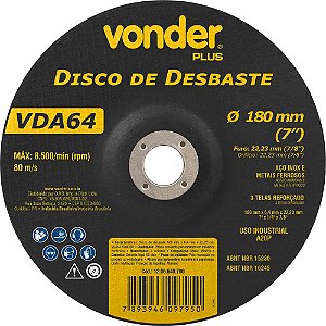 Disco de desbaste 180,0mm x 6,4mm x 22,23mm VDA 64 VONDER PLUS