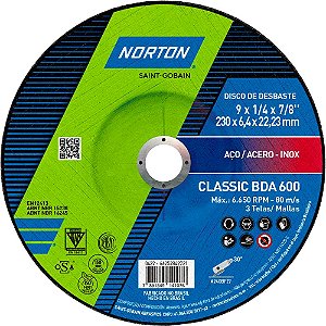 Disco de desbaste 230,0mm x 6,4mm x 22,23mm Classic BDA 600 NORTON
