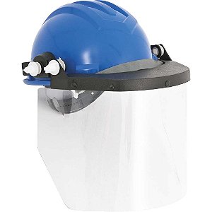 Capacete azul com aba frontal e protetor facial LEDAN