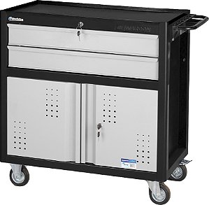 Carro para ferramentas 80cm x 45cm x 86,4cm fechado com 2 gavetas 2 portas 350 kgf Preto com cinza CR-14B MARCON