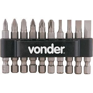Jogo de bits/ponteiras com 10 peças encaixe sextavado 1/4" VONDER