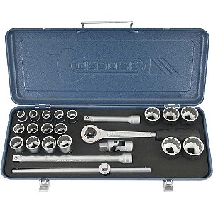 Jogo de soquetes estriados unit drive e acessórios encaixe 1/2" 12mm a 32mm com 23 peças D19TMZ GEDORE