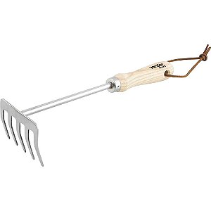 Ancinho para jardim em aço inox com 5 dentes cabo em madeira VONDER PLUS