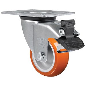 Rodízio giratório 3" de poliuretano e ferro fundido laranja com freio GL 312 UP SCHIOPPA