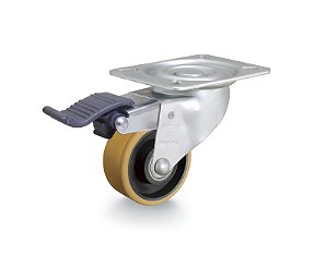 Rodízio giratório 3" de poliuretano e ferro fundido laranja com freio GLRON 312 UFK RODCAR