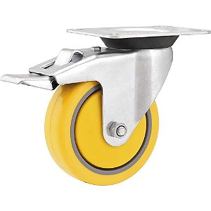 Rodízio giratório 4" de poliuretano e PVC amarelo com freio VONDER