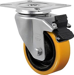 Rodízio giratório 4" de poliuretano e ferro fundido laranja com freio GL 414 PE SCHIOPPA