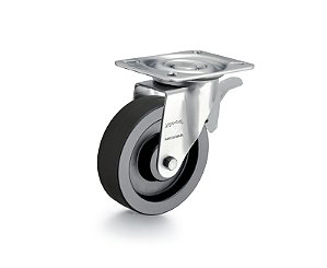 Rodízio giratório leve 4" de borracha termoplástica preto com freio GLROA 414 BIN RODCAR