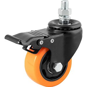 Rodízio giratório leve série black base espiga 3" com freio roda laranja 70 kgf GLEBF.312.BPA.E COLSON