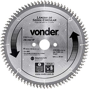 Lâmina de serra circular com dentes de metal duro 250mm x 30mm com 80 dentes para MDF VONDER