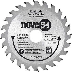 Lâmina de serra circular com dentes de metal duro/vídea 110mm x 20mm 24 dentes NOVE54
