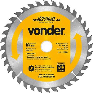 Lâmina de serra circular com dentes de metal duro/vídea 180mm x 20mm 36 dentes VONDER