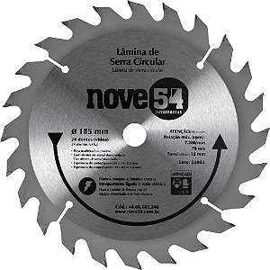 Lâmina de serra circular com dentes de metal duro/vídea 185mm x 16mm 24 dentes NOVE54