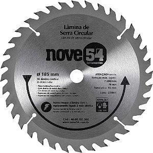 Lâmina de serra circular com dentes de metal duro/vídea 185mm x 16mm 36 dentes NOVE54