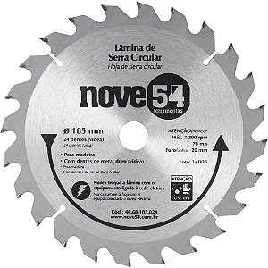 Lâmina de serra circular com dentes de metal duro/vídea 185mm x 20mm 24 dentes NOVE54