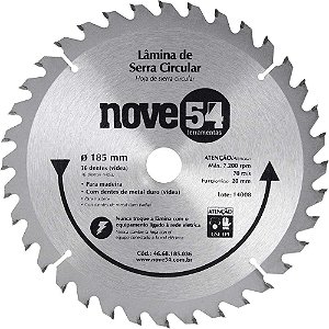 Lâmina de serra circular com dentes de metal duro/vídea 185mm x 20mm 36 dentes NOVE54