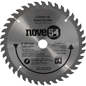 Lâmina de serra circular com dentes de metal duro/vídea 185mm x 20mm 40 dentes NOVE54