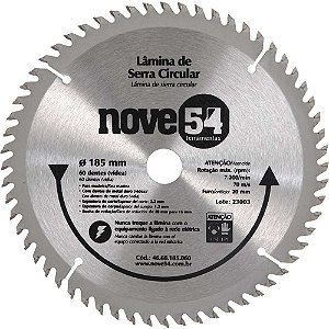 Lâmina de serra circular com dentes de metal duro/vídea 185mm x 20mm 60 dentes NOVE54