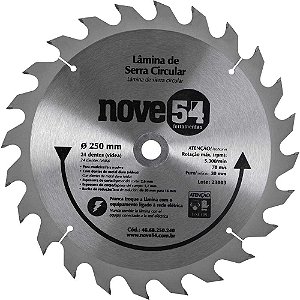 Lâmina de serra circular com dentes de metal duro/vídea 250mm x 30mm 24 dentes NOVE54