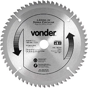 Lâmina de serra circular com vídea para alumínio 185mm x 20mm x 60 dentes VONDER