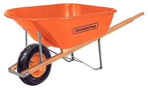 Carrinho de Mão Tramontina com Caçamba Extrafunda Plástica Laranja 110 L Braço de Madeira e Pneu com Câmara