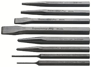 Jogo de Talhadeiras Punções e Saca-pinos Tramontina PRO - 8 Peças (Inclui Punções de 4 mm e 5 mm Saca-pinos paralelos de 1,9 mm e 2,8 mm Saca-pino cônico de 4 mm e 5 mm e Talhadeira de 5”)