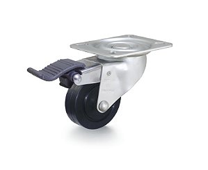 Rodízio giratório leve 3" de borracha termoplástica preto com freio GLRON 312 BIN RODCAR