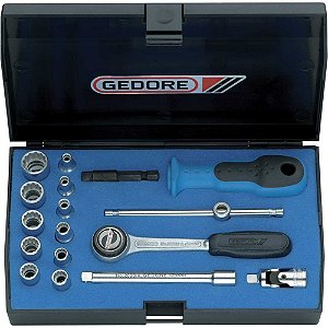 Jogo de soquetes estriados unit drive e acessórios encaixe de 1/4" 17 peças 4mm a 13mm D20EMU-3 GEDORE