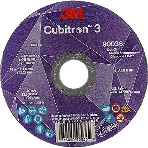 Disco de corte 115mm x 1,6mm x 22,23mm grão 36+ T1 para aço e inox Cubitron 3 HB004795116 3M