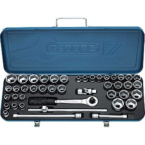 Jogo de soquetes sextavados e acessórios encaixe de 1/2" 43 peças 10mm a 32mm e 3/8" a 1.1/4" 19PMZ GEDORE