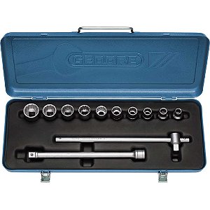 Jogo de soquetes estriados unit drive e acessórios encaixe de 1/2" 12 peças 3/8" a 1" D19NP GEDORE