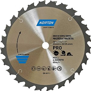 Lâmina de serra circular 254mm furo 30 mm/25,4mm 24 dentes 70184632481 NORTON