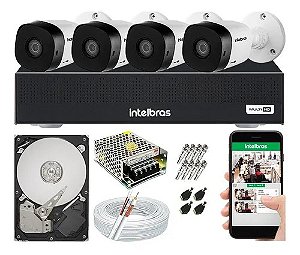 Kit 4 Cameras Hd 720p Ir 20 Mts Vhc 1120B Intelbras, Dvr 4 Canais Intelbras, Hd 500Gb, Cabo, Fonte e Conectores Acesso via Celular
