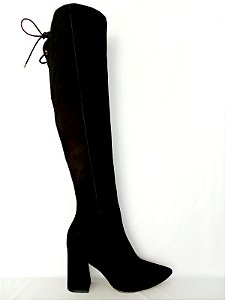 Bota preta couro nobuck over the knee