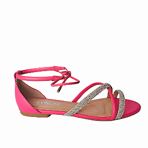 Sandália rasteira rosa magenta couro tiras strass