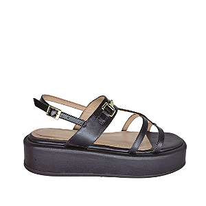 Sandália Flatform Preta Couro com Fivela