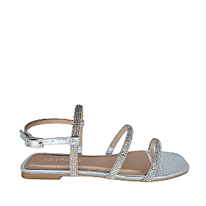 Sandália Rasteira Prata Metalizada e Strass
