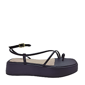 Sandália Flatform Preta Couro Tiras Finas