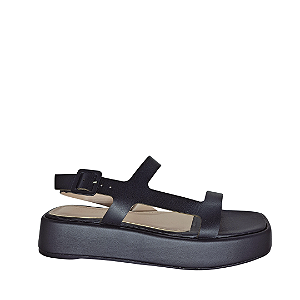 Sandália Flatform Preta Couro Tiras Largas