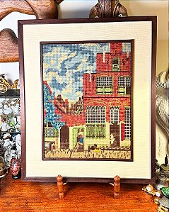 Quadro de tapeçaria, moldura de madeira.
